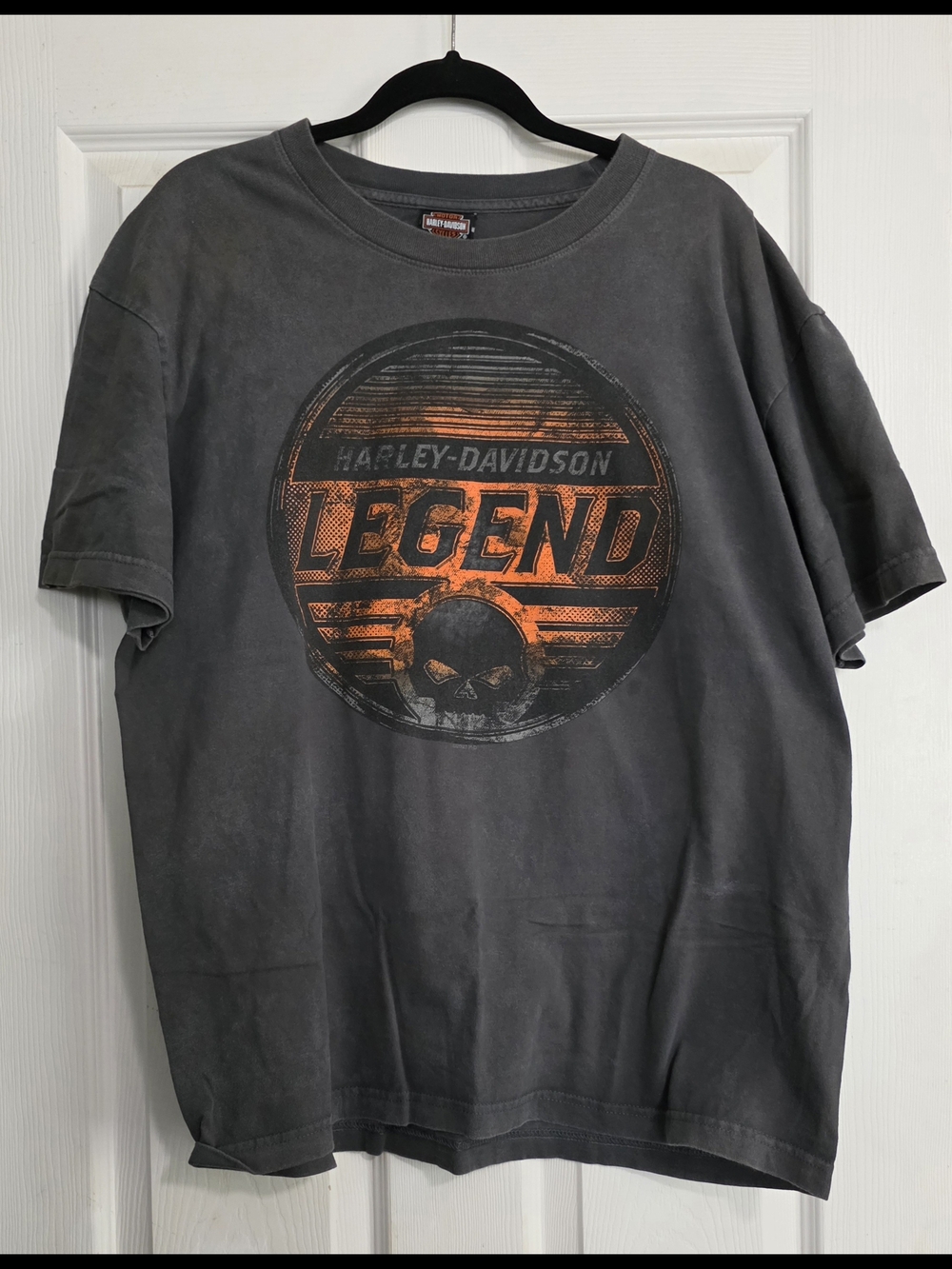 High Stakes Harley-Davidson Gray Tee with Orange 'Legend' Skull Graphic